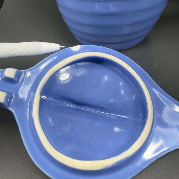 Vintage 1930s Universal Potteries Tip Top Jug Refrigerator Pitcher Lid Blue VTG - Picture 4 of 16